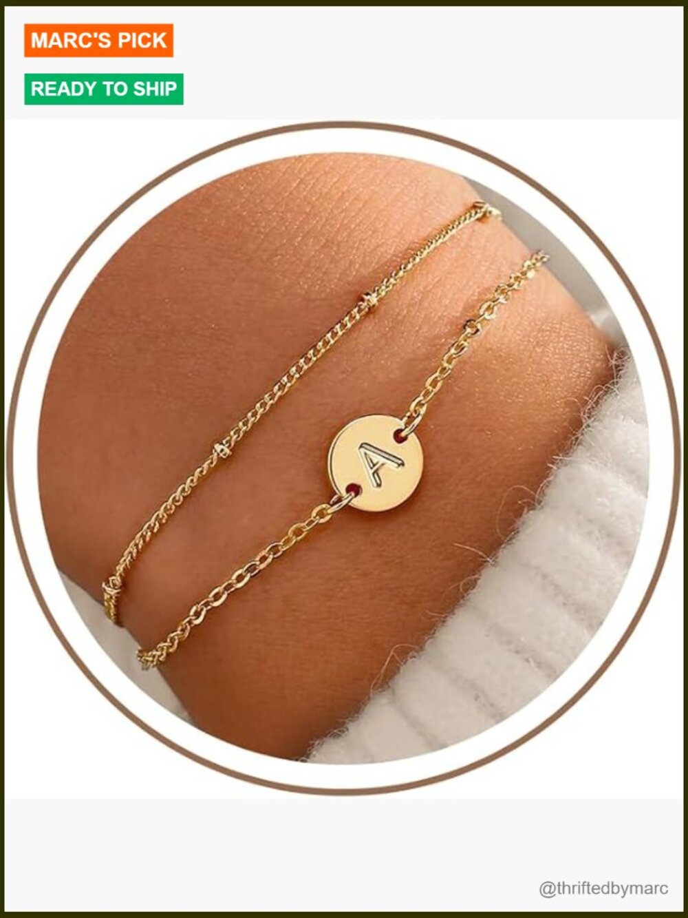 Dainty 18K Gold Plated Link Bracelet Monogram Initial Disc